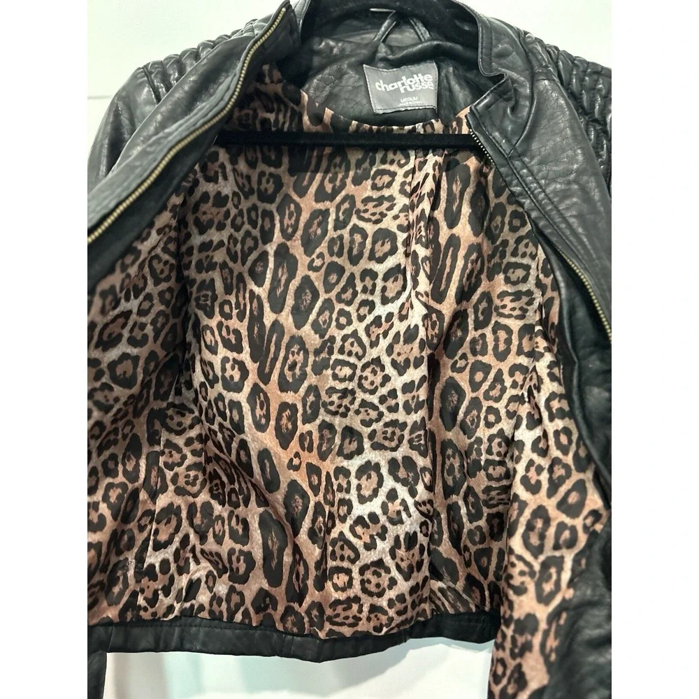 Charlotte Russe Faux‎ Leather Jacket Size Medium Leopard print inside